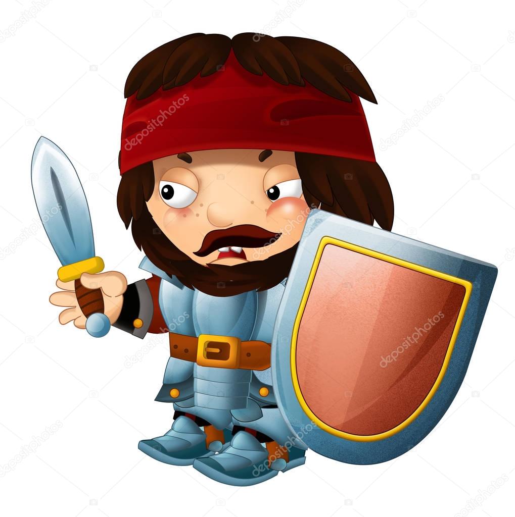 Cartoon funny knight with axe and shield