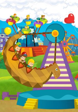 Lunapark içinde oynayan çocuklar ile çizgi film sahne 
