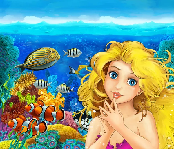 Cartoon coral reef with mermaid — Stock Photo, Image