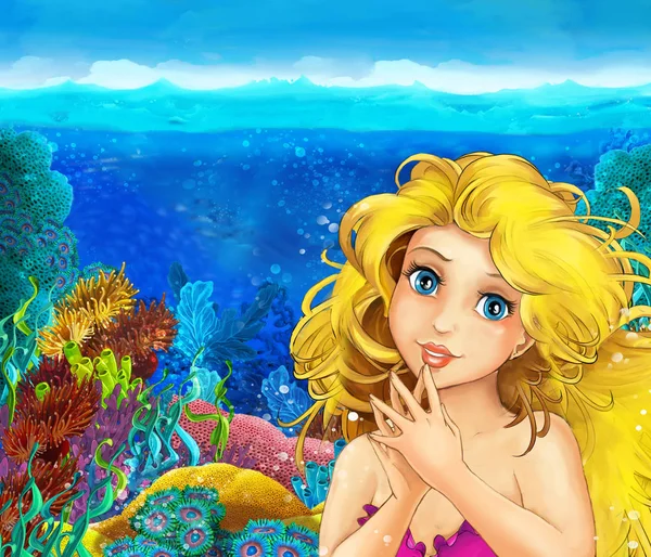 Cartoon Koraalrif Met Mermaid Illustratie Voor Kinderen — Stockfoto
