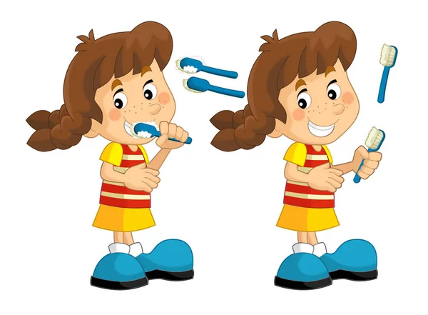 Kreskówka scena z młoda dziewczyna szczotkowanie zębów - ilustracja dla dzieci — Zdjęcie stockowe