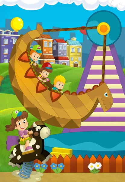 Scena del fumetto con i bambini che giocano al luna park — Foto Stock