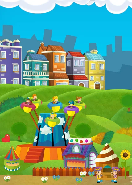 Мультфильм веселая и забавная традиционная сцена с парком развлечений и играющими детьми - иллюстрация для детей — стоковое фото