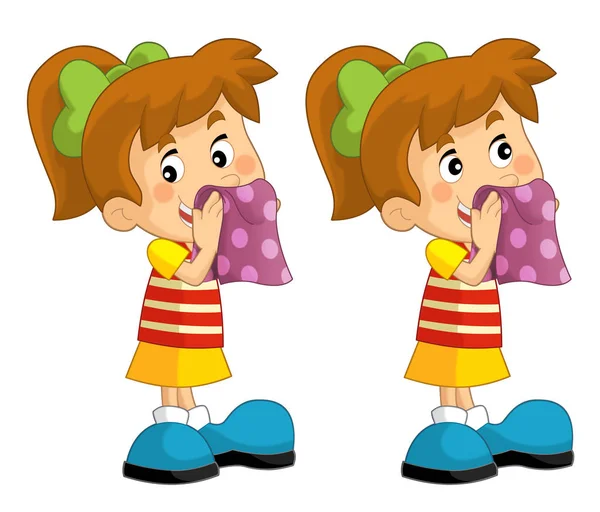 Set di cartoni animati di giovani ragazze pulire i volti con un asciugamano - illustrazione per bambini — Foto Stock