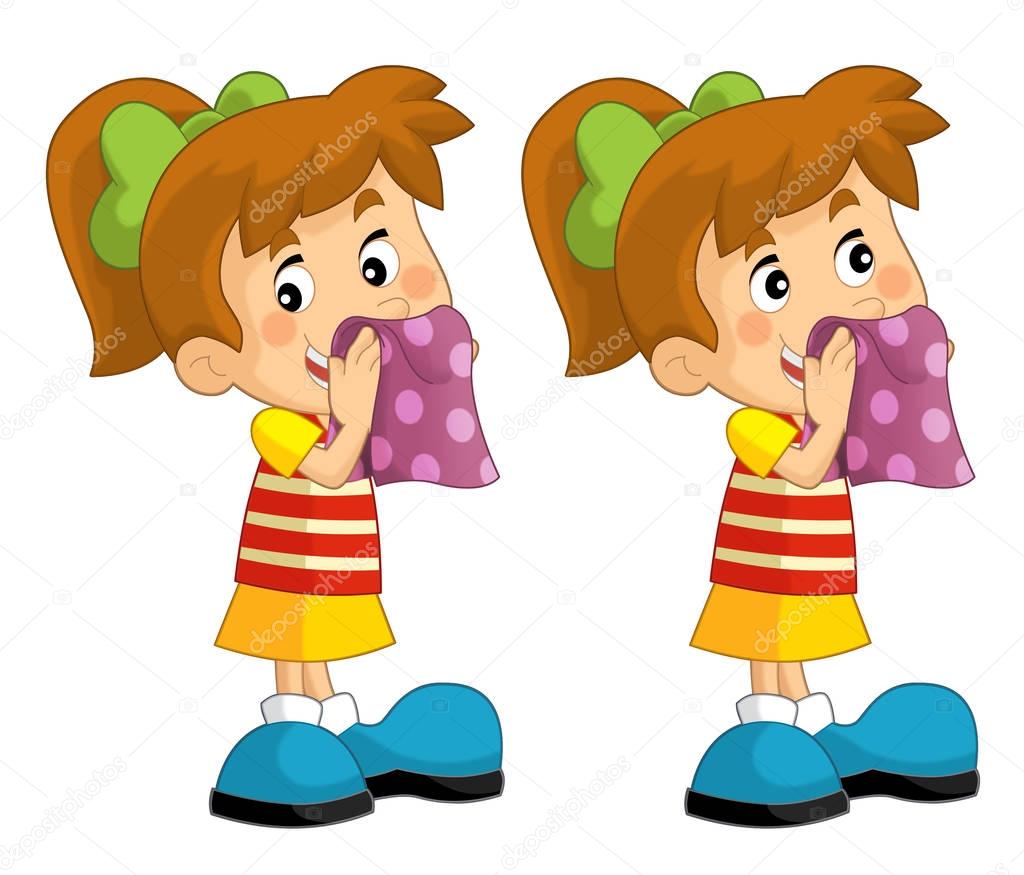 Cartoon set of young girls wipe the faces with a towel - illustration for children