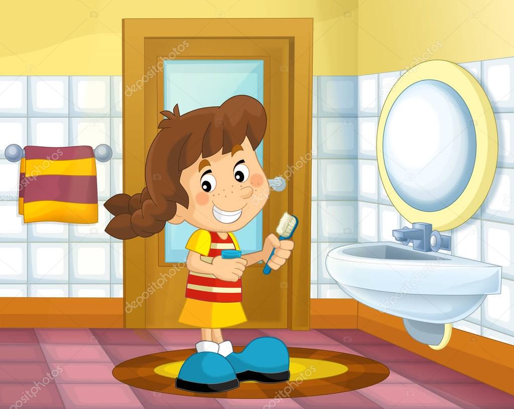Cartoon kid in the bathroom - girl