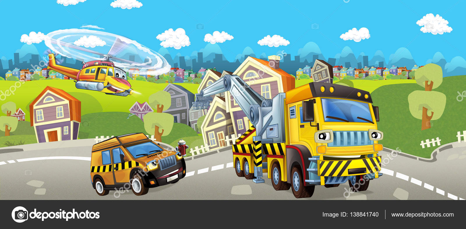 Cartoon tow truck, pilot car and helicopter Stock Photo by ©illustrator_hft  138841740