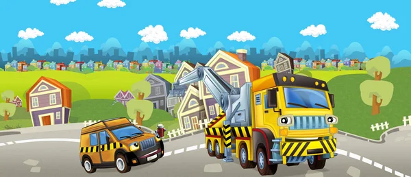 Desenhos animados reboque caminhão e piloto carro — Fotografia de Stock