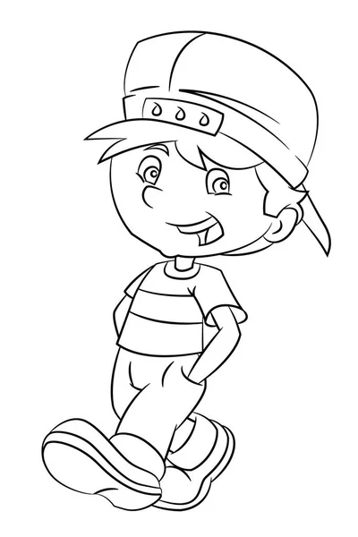 Cartoon jongen op zoek lopen en glimlachen - kleurplaat pagina — Stockvector