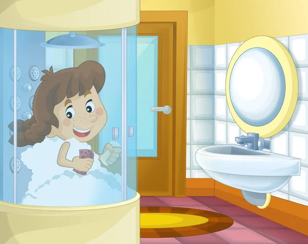 Cartoon girl in the bathroom — Stock Photo, Image