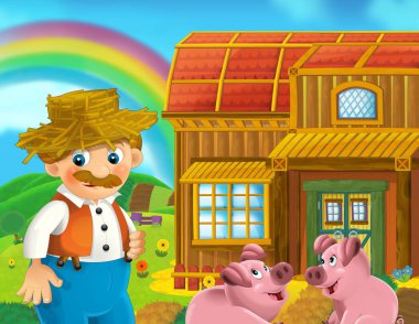 Çiftlikte çalışan erkeğin çizgi film sahne