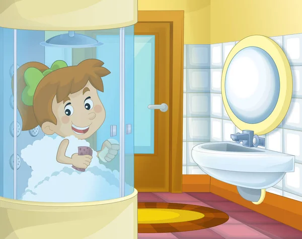 Cartoon girl in the bathroom — Stock Photo, Image