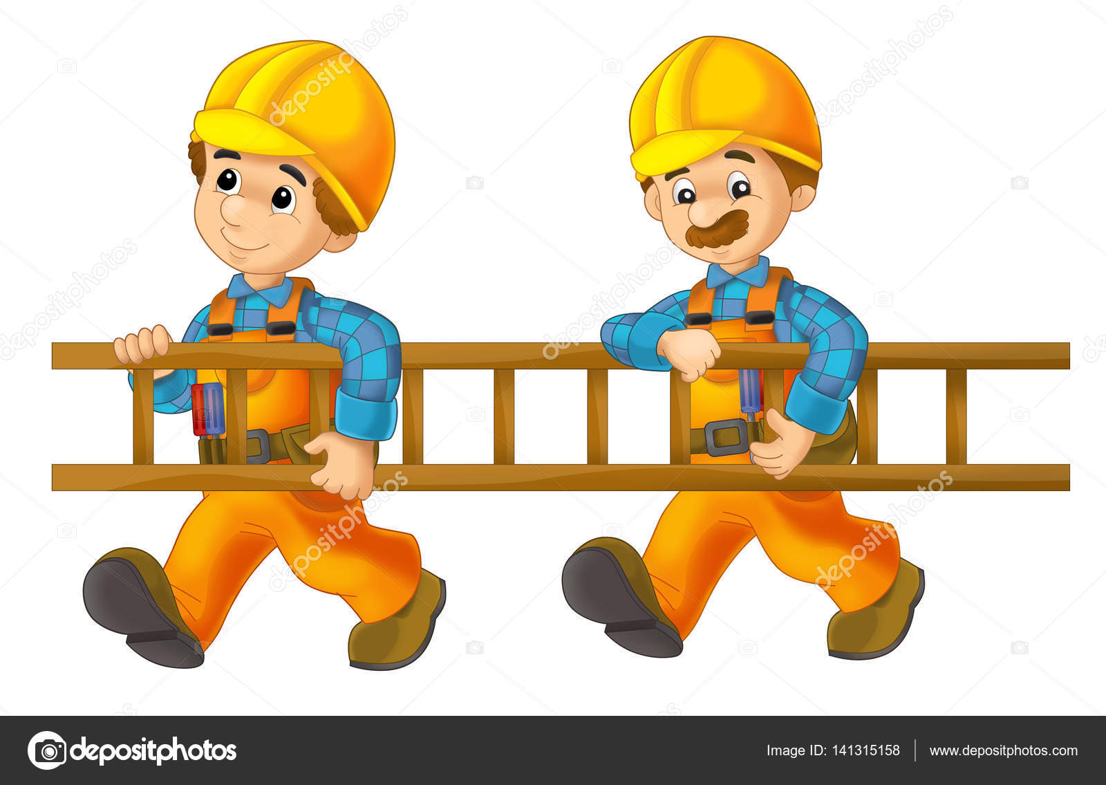 Cartoon construction workers holding ladder — Stock Photo ...