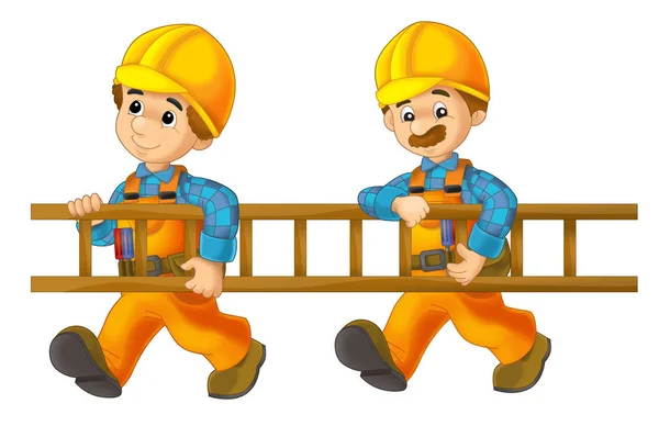 Trabajadores de la construcción de dibujos animados sosteniendo escalera — Foto de Stock