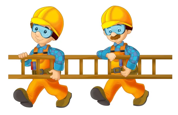 Trabajadores de la construcción de dibujos animados sosteniendo escalera — Foto de Stock