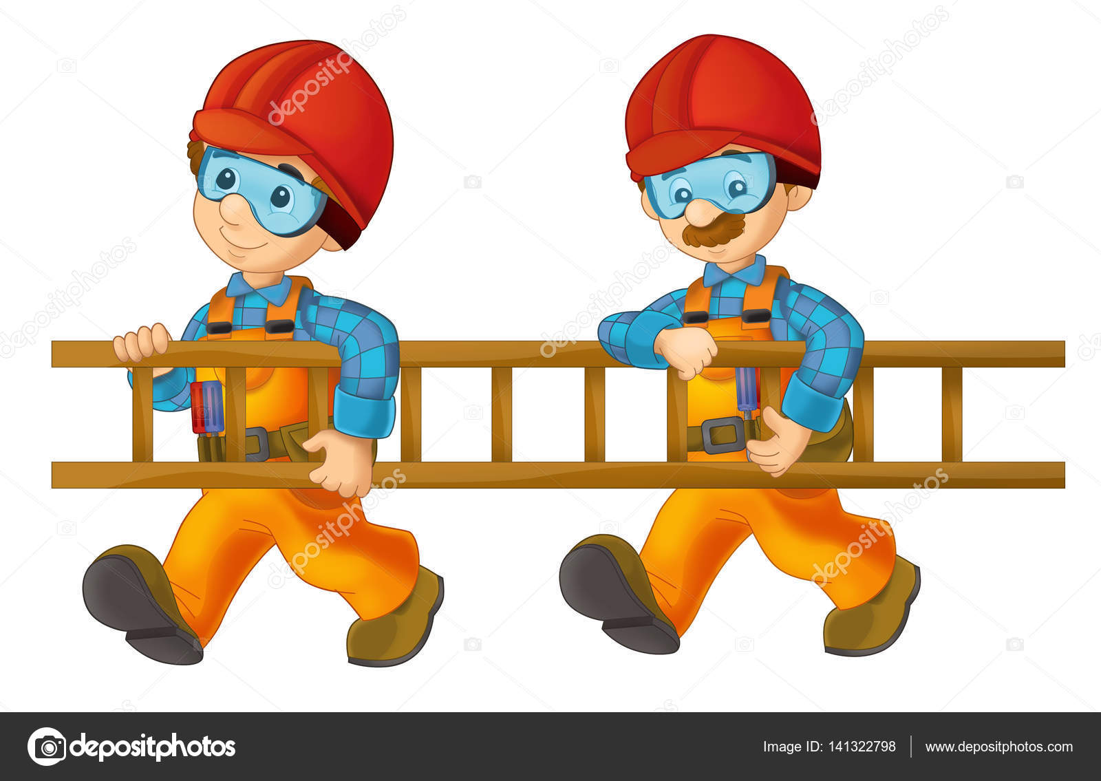 Trabajadores de la construcción de dibujos animados sosteniendo escalera  Ilustración de stock #141322798 de ©illustrator_hft, image size:1600x1135