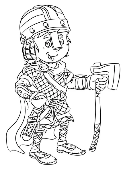 Lyckligt leende tecknad gamla viking soldat som står med svärd och yxa — Stock vektor