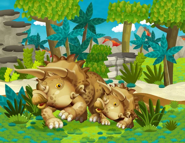 cartoon happy family of dinosaurs triceratopses