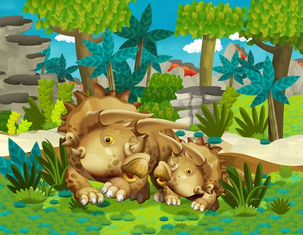 Dibujos animados familia feliz de dinosaurios triceratopses —  Fotos de Stock