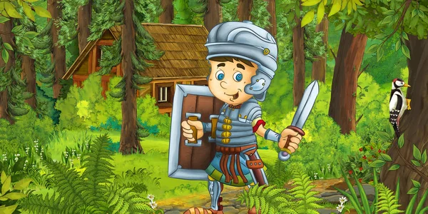Soldat romain avec épée et bouclier dans la forêt — Photo