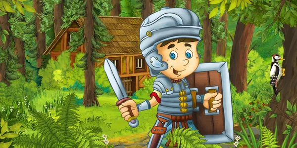 Römischer Soldat mit Schwert und Schild im Wald — Stockfoto
