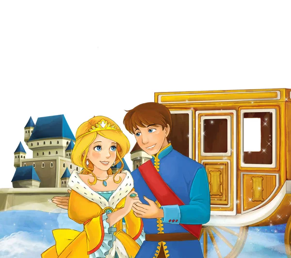 Kreskówka Scena Księcia Księżniczki Pobliżu Chariot Piękny Zamek — Zdjęcie stockowe