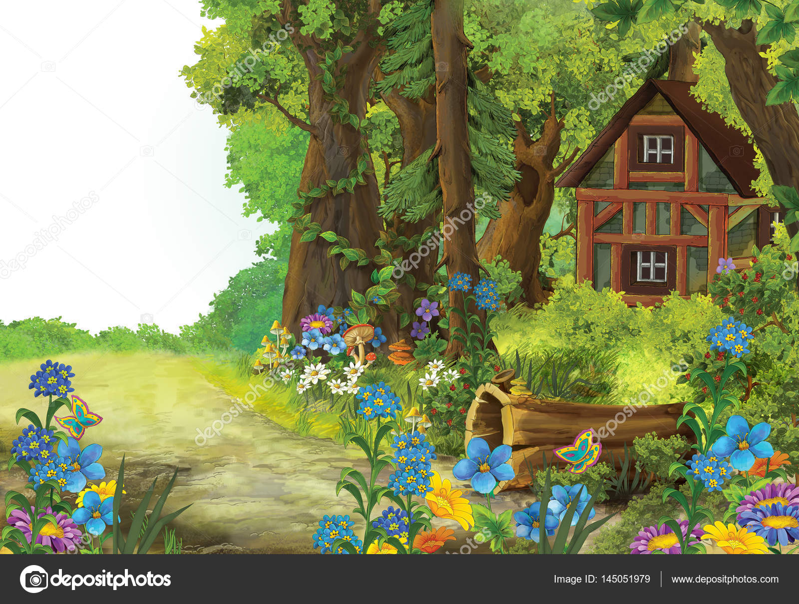 Cartoon Scenery Wooden Old Traditional House Hidden Forest Stock Photo by  ©illustrator_hft 145051979