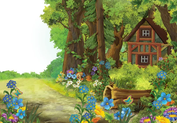 cartoon scenery with wooden old traditional house hidden in the forest