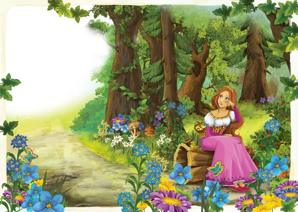 Mulher Dos Desenhos Animados Sentado Uma Bela Floresta Colorida — Fotografia de Stock