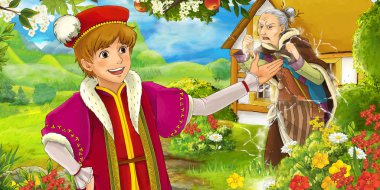 korkunç cadı şimşekler bazı Prens önünde yapma ile karikatür çiftlik sahne veya tüccar - illüstrasyon çocuklar için