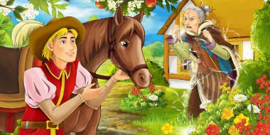 korkunç cadı şimşekler bazı Prens önünde yapma ile karikatür çiftlik sahne veya tüccar - illüstrasyon çocuklar için