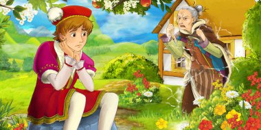 korkunç cadı şimşekler bazı Prens önünde yapma ile karikatür çiftlik sahne veya tüccar - illüstrasyon çocuklar için