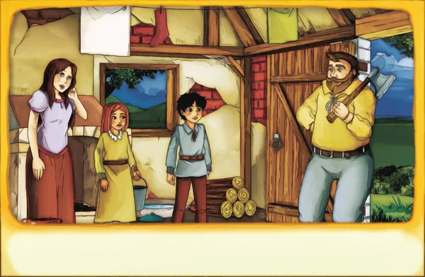森の中で仕事から帰る農家の父木材ジャックに住んでいる漫画の家族のシーンの人々 — ストック写真