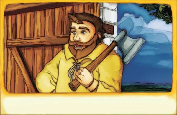 Cartoon Scene Man Lumberjack Getting Back Work Home — Stock Photo, Image