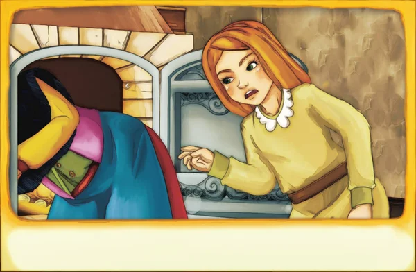 年轻的女孩 在旧的厨房室或一些善良的巫婆室内卡通场景 — 图库照片