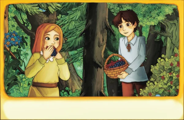 弟弟和妹妹在森林里寻找水果 — 图库照片