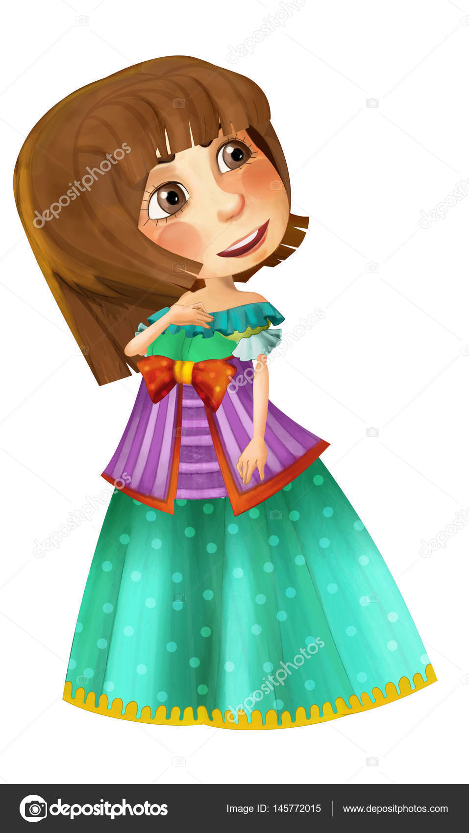 Bella principessa in piedi guardandosi intorno e sorridere isolata del fumetto me vale — Foto di illustrator hft