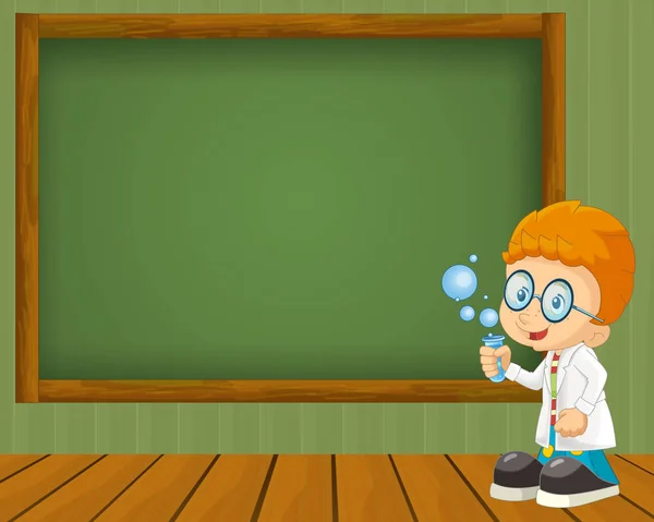 Child having fun with science near the blackboard — Stock Photo, Image