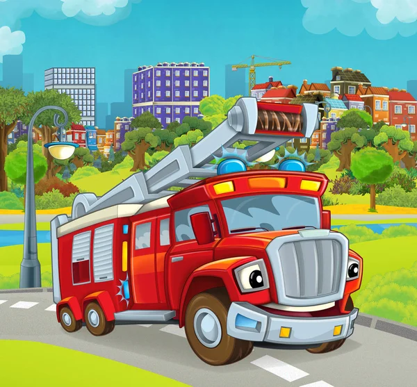 Cartoon stage with vehicle for firefighting truck — Stock Photo, Image