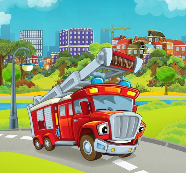 Cartoon podium met voertuig voor brandbestrijding truck — Stockfoto