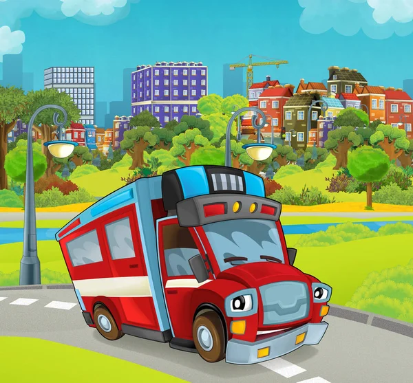 Estágio dos desenhos animados com caminhão para combate a incêndios — Fotografia de Stock