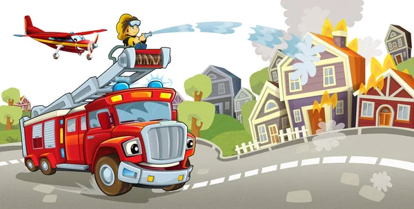 Estágio dos desenhos animados com bombeiro e seu veículo — Fotografia de Stock