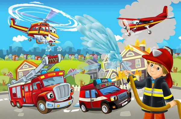 İtfaiyeciler ve arabaları ateşi koyarak iş başında