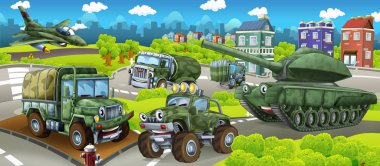 Çizgi film sahne farklı askeri makineleri ile