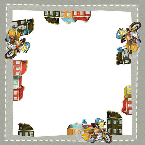 Cartoon frame of a motorcycle in the city on the road