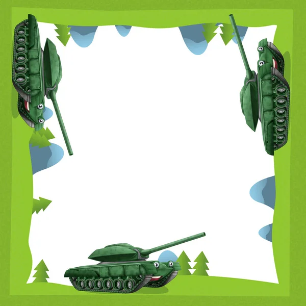 Cartoon frame of a tank in the forest off road