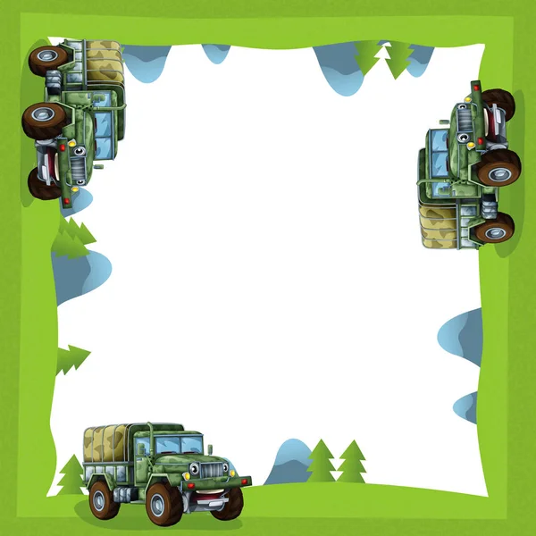 Kreskówka ramki wojskowe ciężarówki w lesie przy drodze — Zdjęcie stockowe