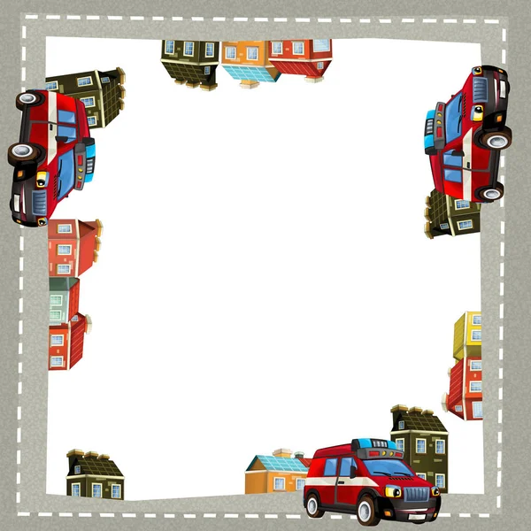 Marco de dibujos animados de una carga de camión de bomberos en la ciudad — Foto de Stock