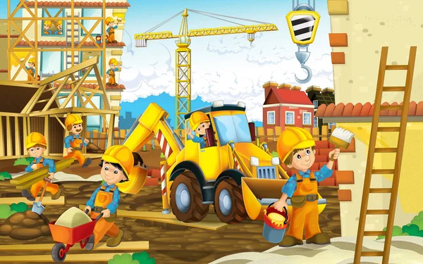 Local de construção com máquina pesada e homens de trabalho — Fotografia de Stock