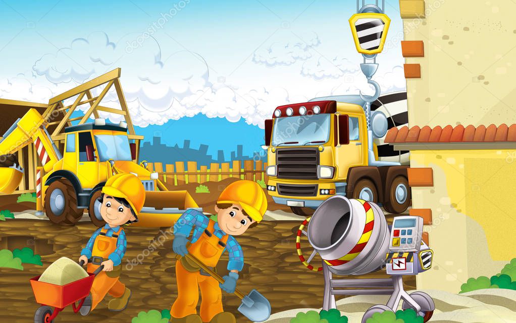 Construction Site With Heavy Machines And Working Men